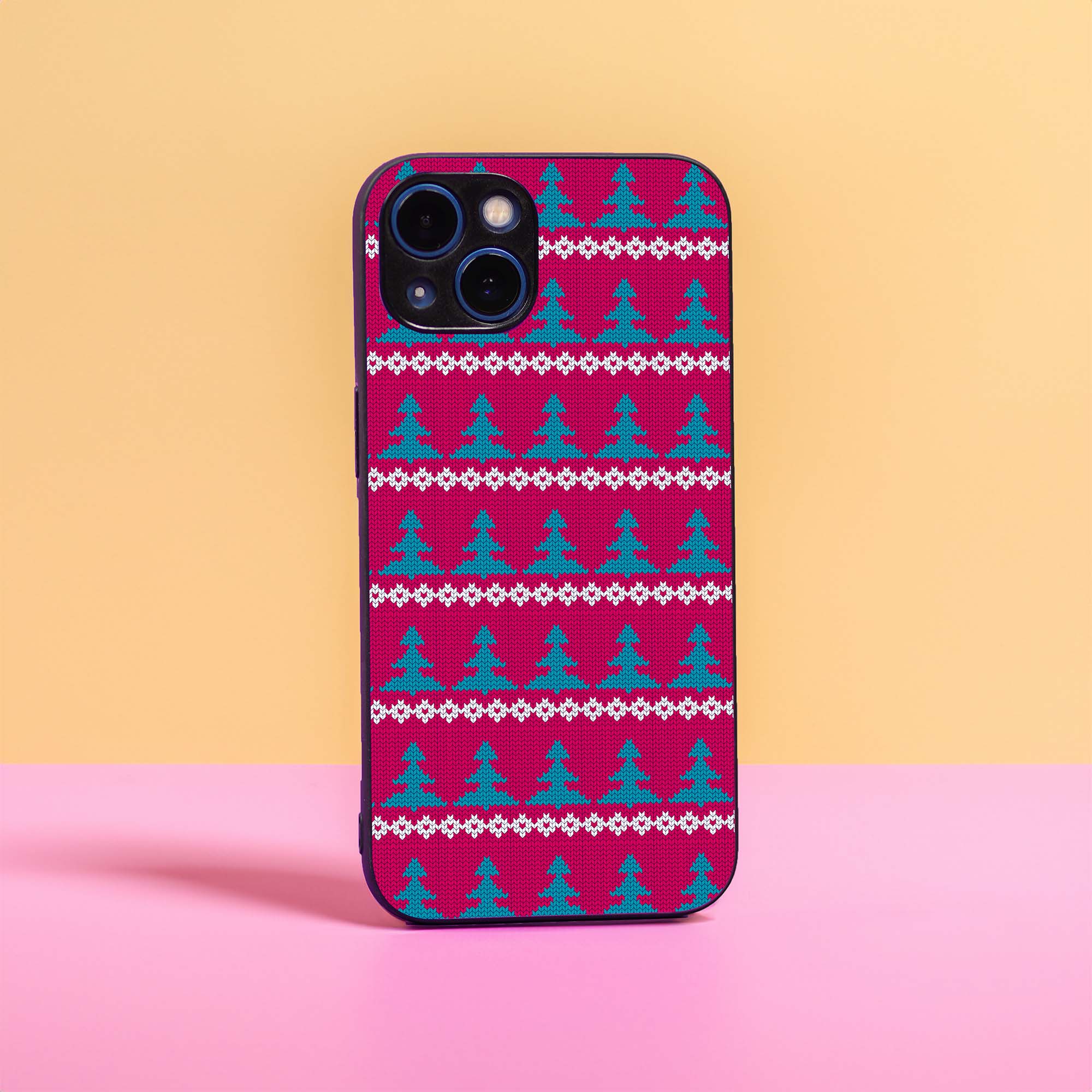 Pink and Blue Xams tree Knittted pattern glass case